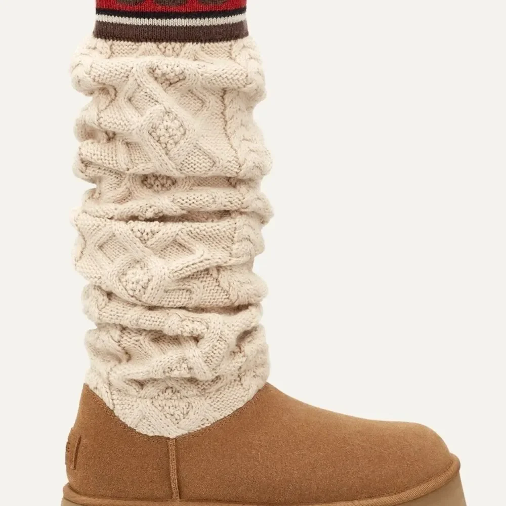NEW UGG Platform Classic Sweater Letter Cream Tan Winter Boots Knit Boots 9